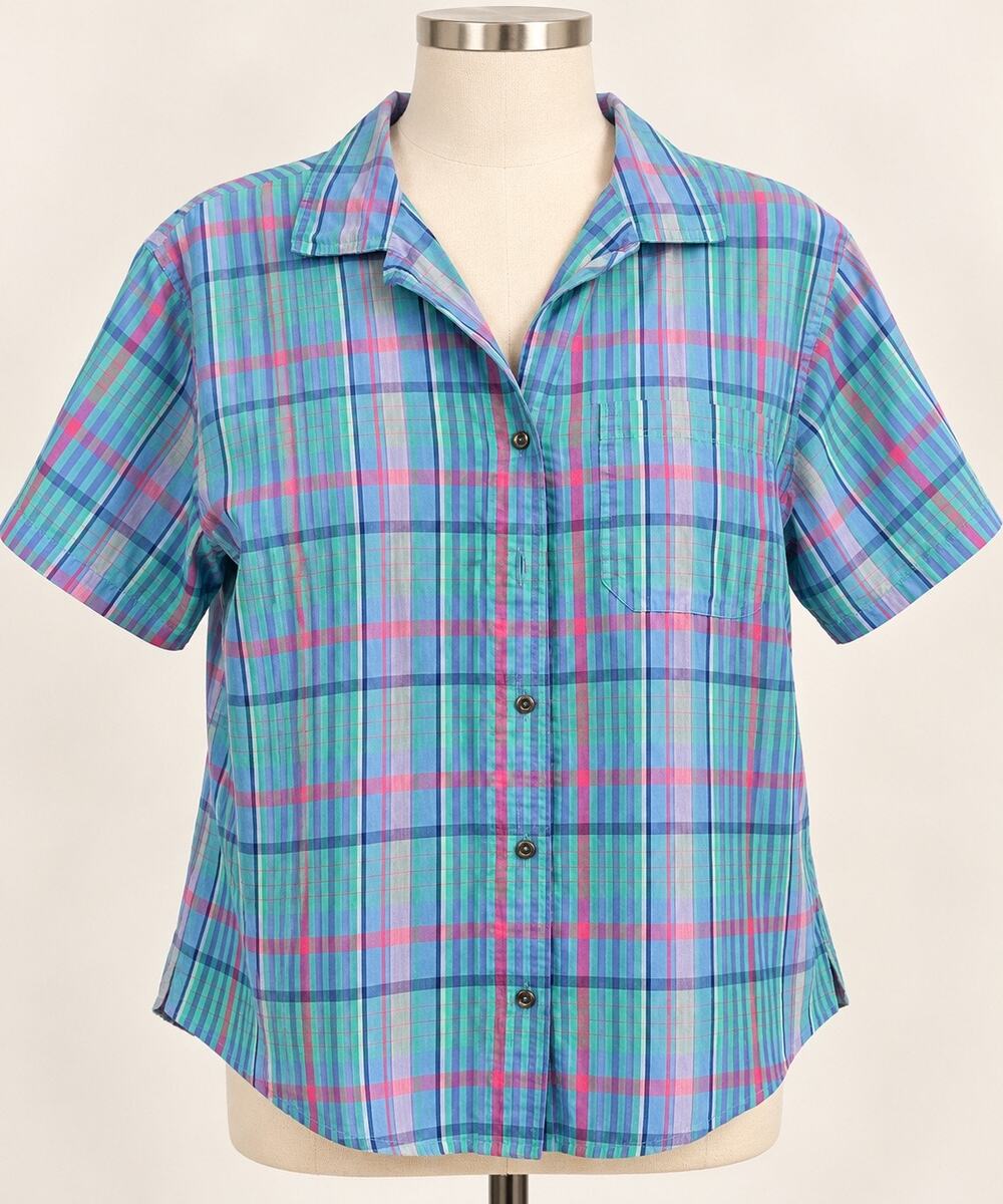 Vintage Koret City Blues Womens Plaid Short Sleeve Button Up Shirt Pastel